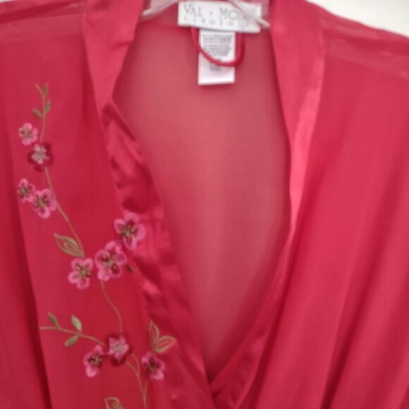 Val Mode Lingerie Red Robe Sheer Chiffon LS Knee Length Open Front Satin Belt Vi - Picture 6 of 10